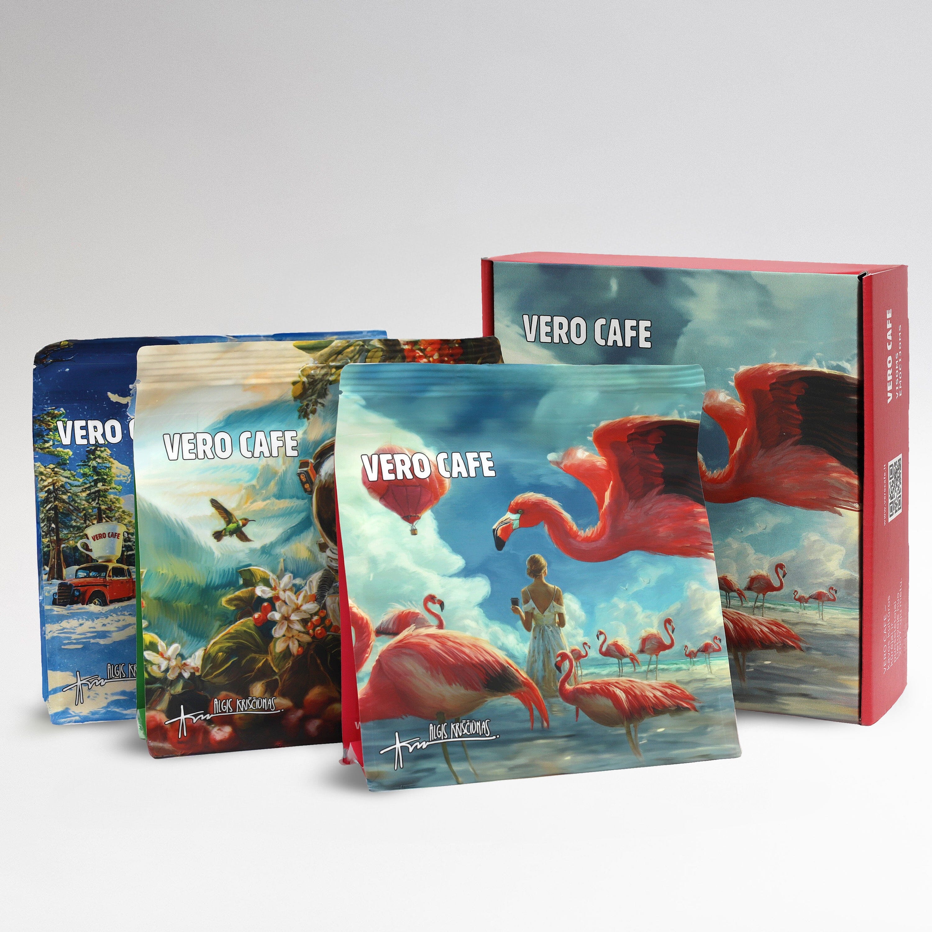 Unikalus kavų rinkinys dovanų dėžutėje: Lapė, Flamingas ir Kosmonautas, 3 x 200 g Kava VERO CAFE Malta Flamingas
