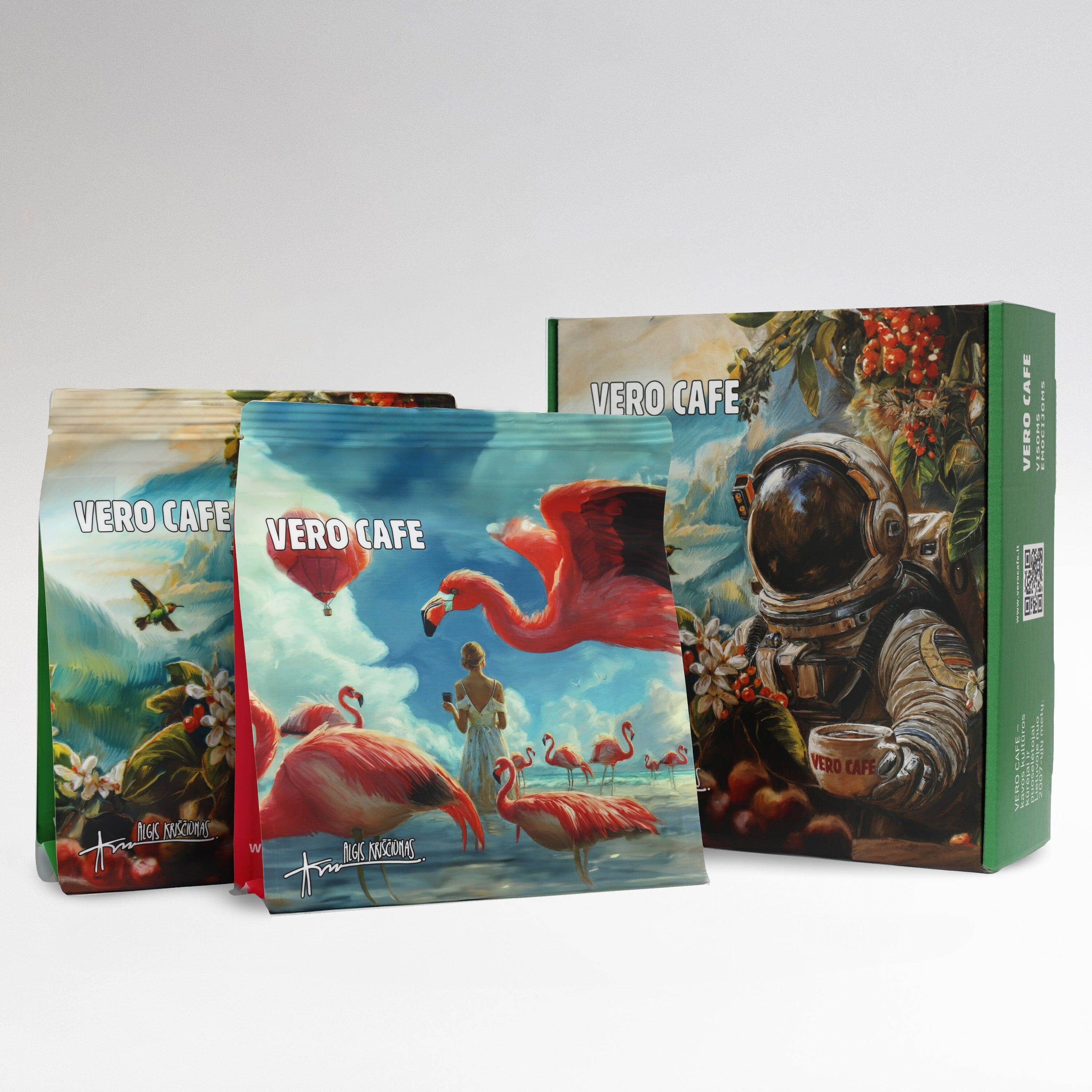 Unikalus kavų rinkinys dovanų dėžutėje: Flamingas ir Kosmonautas, 2 x 200 g Kava VERO CAFE Malta Kosmonautas
