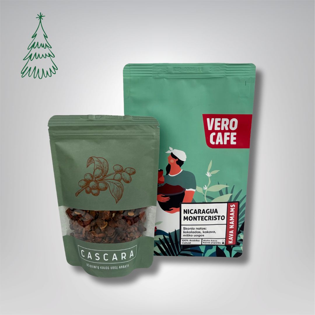 Dovanų rinkinys: Cascara džiovintų kavos uogų arbata 100 g ir kava 200 g VERO CAFE Nicaragua Montecristo 200g Malta 
