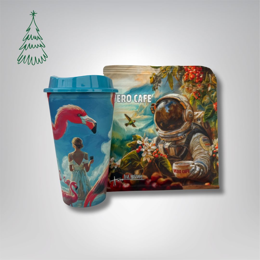 Dovanų rinkinys: Kava 200 g ir daugkartinis puodelis su A. Kriščiūno kūryba 473 ml VERO CAFE Kosmonautas 200 g Malta 