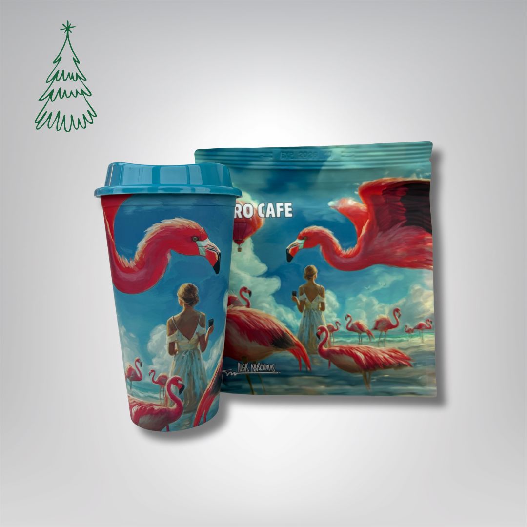 Dovanų rinkinys: Kava 200 g ir daugkartinis puodelis su A. Kriščiūno kūryba 473 ml VERO CAFE Flamingas 200g Malta 