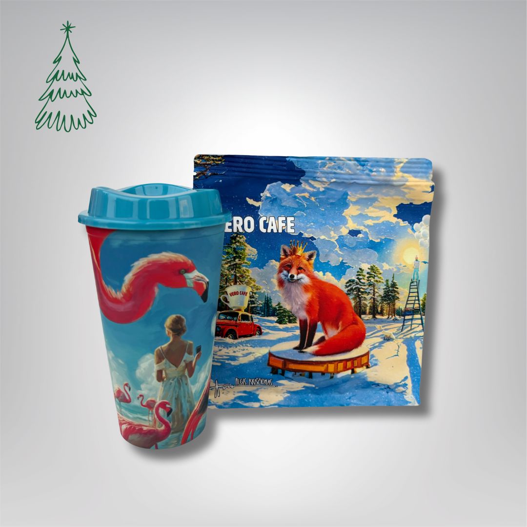 Dovanų rinkinys: Daugkartinis puodelis su A. Kriščiūno kūryba 473 ml ir kava 200 g VERO CAFE Lapė 200 g 