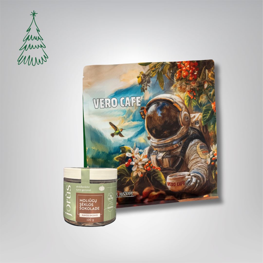 Dovanų rinkinys: Jorùs moliūgų sėklos šokolade 100 g ir kava 200 g VERO CAFE Kosmonautas 200 g Moliūgų sėklos šokolade kavos skonio 100 g 