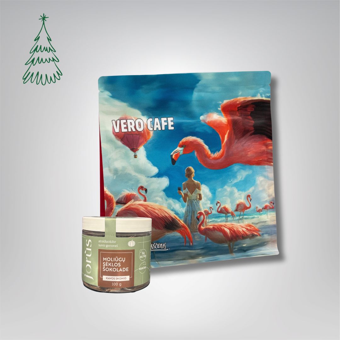Dovanų rinkinys: Jorùs moliūgų sėklos šokolade 100 g ir kava 200 g VERO CAFE Flamingas 200 g Moliūgų sėklos šokolade kavos skonio 100 g 