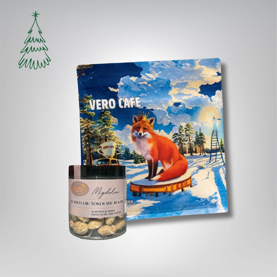 Dovanų rinkinys: RŪTA drąžė 120 g ir kava 200 g VERO CAFE Traškūs migdolai su baltuoju šokoladu ir kava 120 g Lapė 200 g Malta