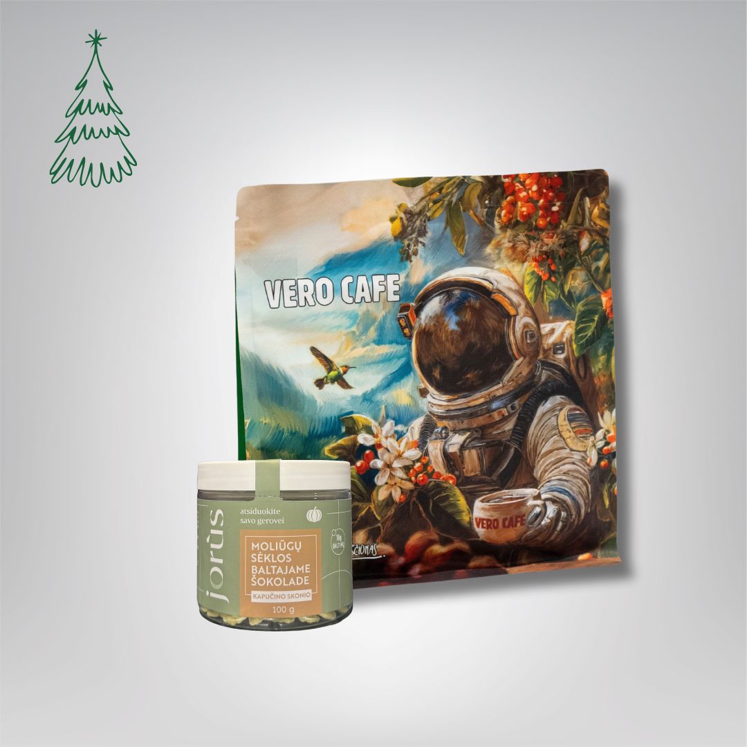 Dovanų rinkinys: Jorùs moliūgų sėklos šokolade 100 g ir kava 200 g VERO CAFE Kosmonautas 200 g Moliūgų sėklos baltajame šokolade kapučino skonio 100 g 