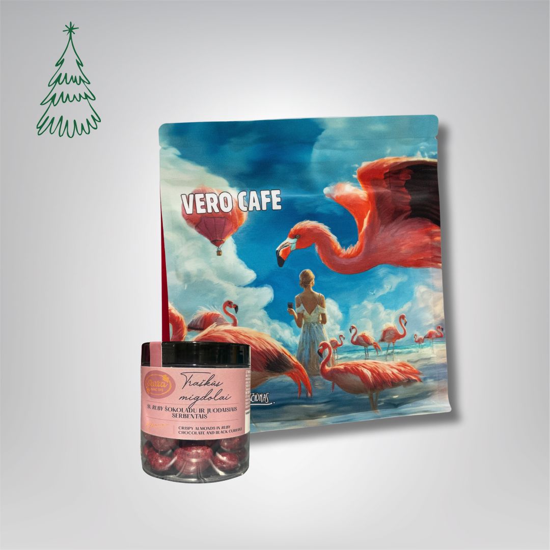 Dovanų rinkinys: RŪTA drąžė 120 g ir kava 200 g VERO CAFE Traškūs migdolai su Ruby šokoladu ir juodaisiais serbentais 120g Flamingas 200 g Malta