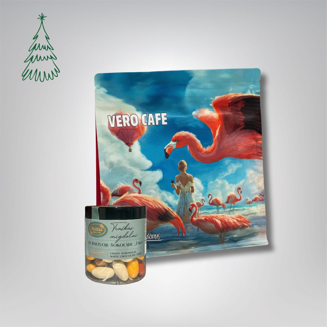 Dovanų rinkinys: RŪTA drąžė 120 g ir kava 200 g VERO CAFE Traškūs migdolai su baltuoju šokoladu „Žara" 120 g Flamingas 200 g Malta