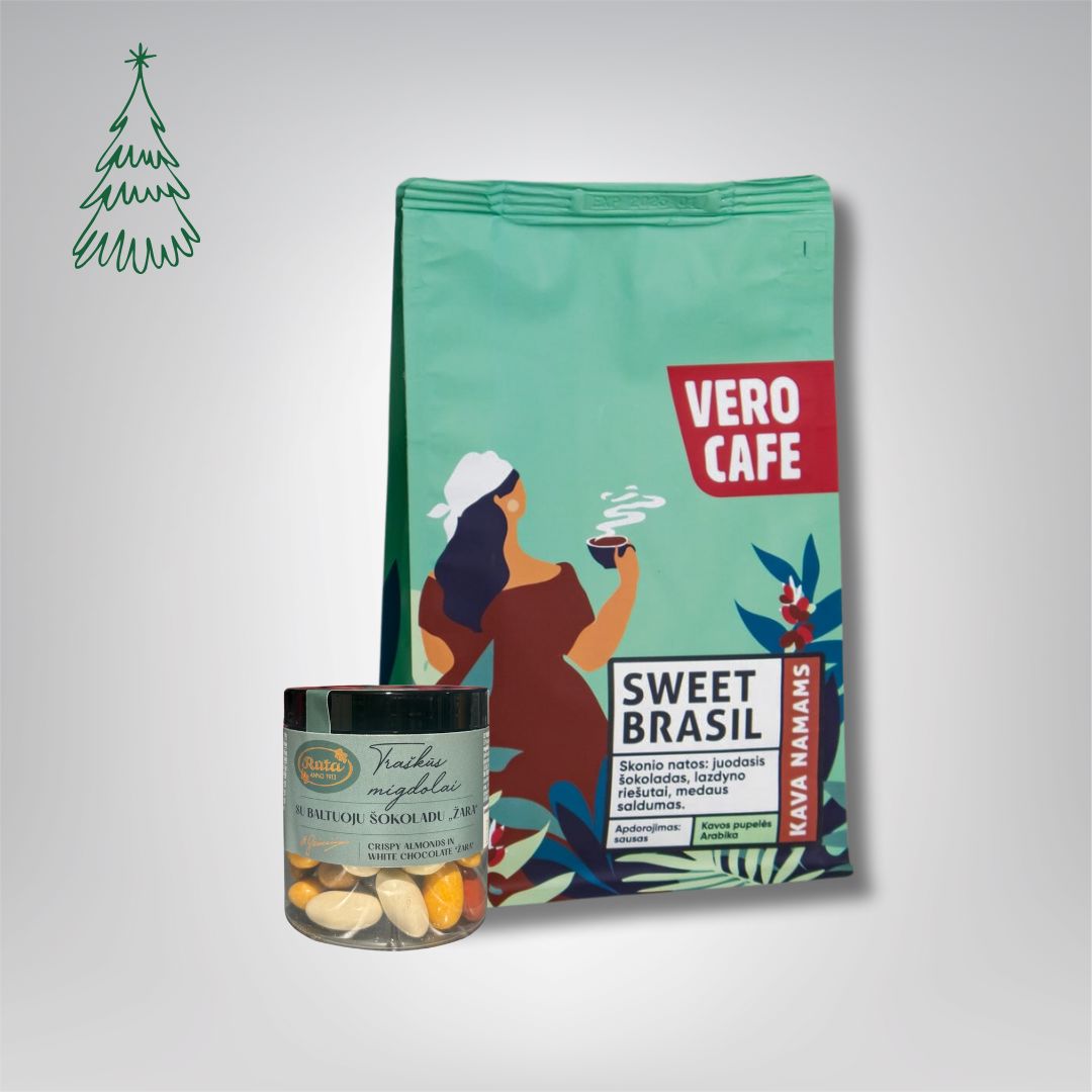 Dovanų rinkinys: RŪTA drąžė 120 g ir kava 200 g VERO CAFE Traškūs migdolai su baltuoju šokoladu „Žara" 120 g Sweet Brasil 200 g Pupelės