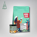 Dovanų rinkinys: RŪTA drąžė 120 g ir kava 200 g VERO CAFE Traškūs migdolai su baltuoju šokoladu „Žara" 120 g Peru Vila Rica 200 g Pupelės