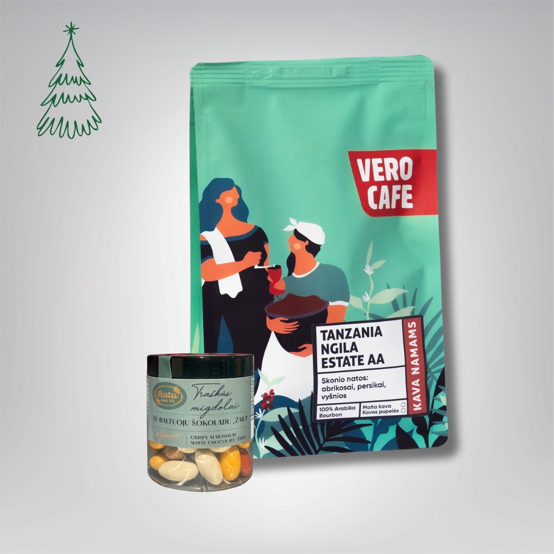 Dovanų rinkinys: RŪTA drąžė 120 g ir kava 200 g VERO CAFE Traškūs migdolai su baltuoju šokoladu „Žara" 120 g Tanzania Ngila AA 200 g Pupelės