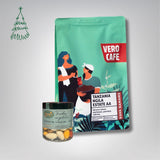 Dovanų rinkinys: RŪTA drąžė 120 g ir kava 200 g VERO CAFE Traškūs migdolai su baltuoju šokoladu „Žara" 120 g Tanzania Ngila AA 200 g Pupelės