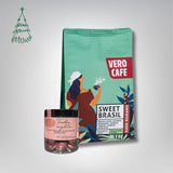 Dovanų rinkinys: RŪTA drąžė 120 g ir kava 200 g VERO CAFE Traškūs migdolai su Ruby šokoladu ir juodaisiais serbentais 120g Sweet Brasil 200 g Pupelės