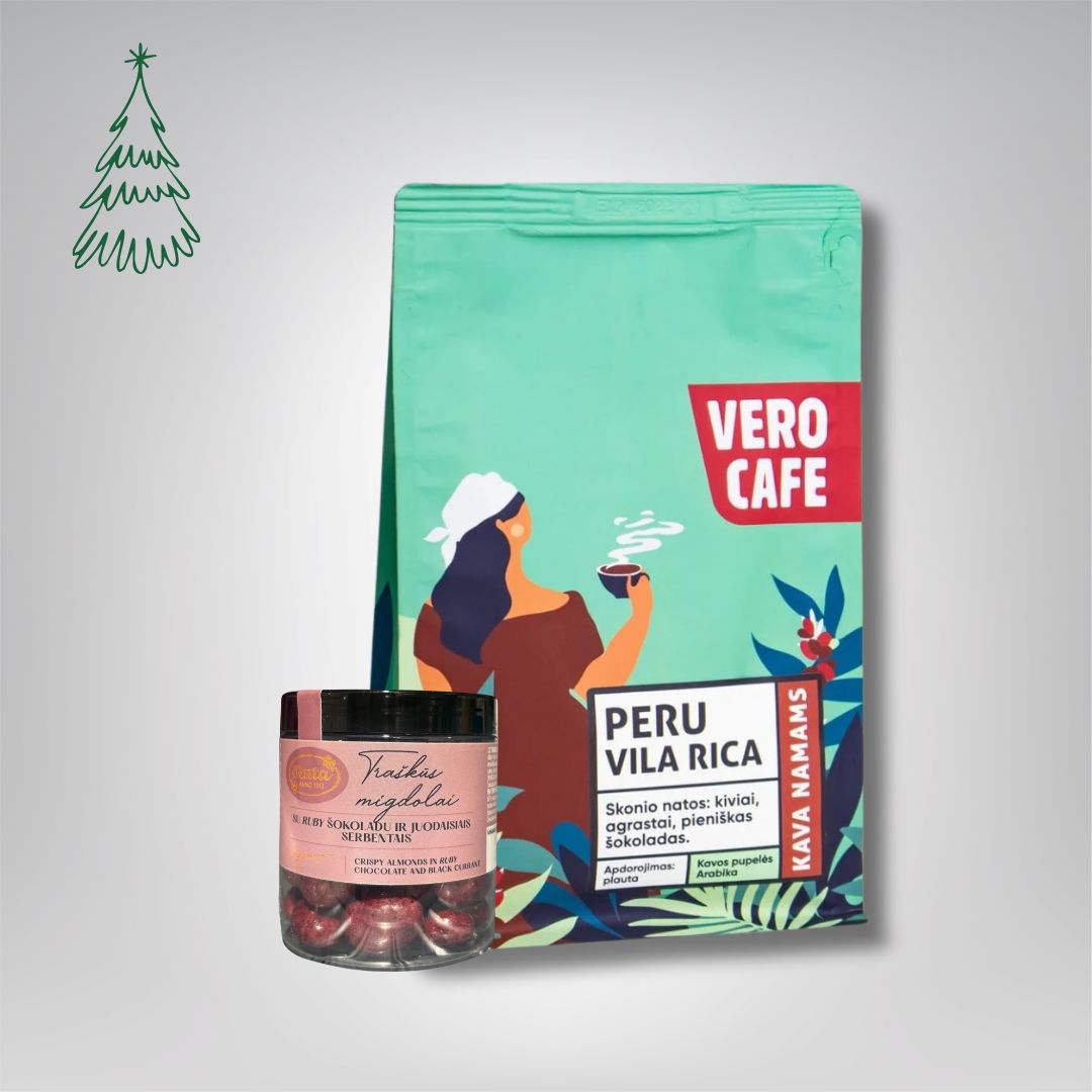 Dovanų rinkinys: RŪTA drąžė 120 g ir kava 200 g VERO CAFE Traškūs migdolai su Ruby šokoladu ir juodaisiais serbentais 120g Peru Vila Rica 200 g Pupelės
