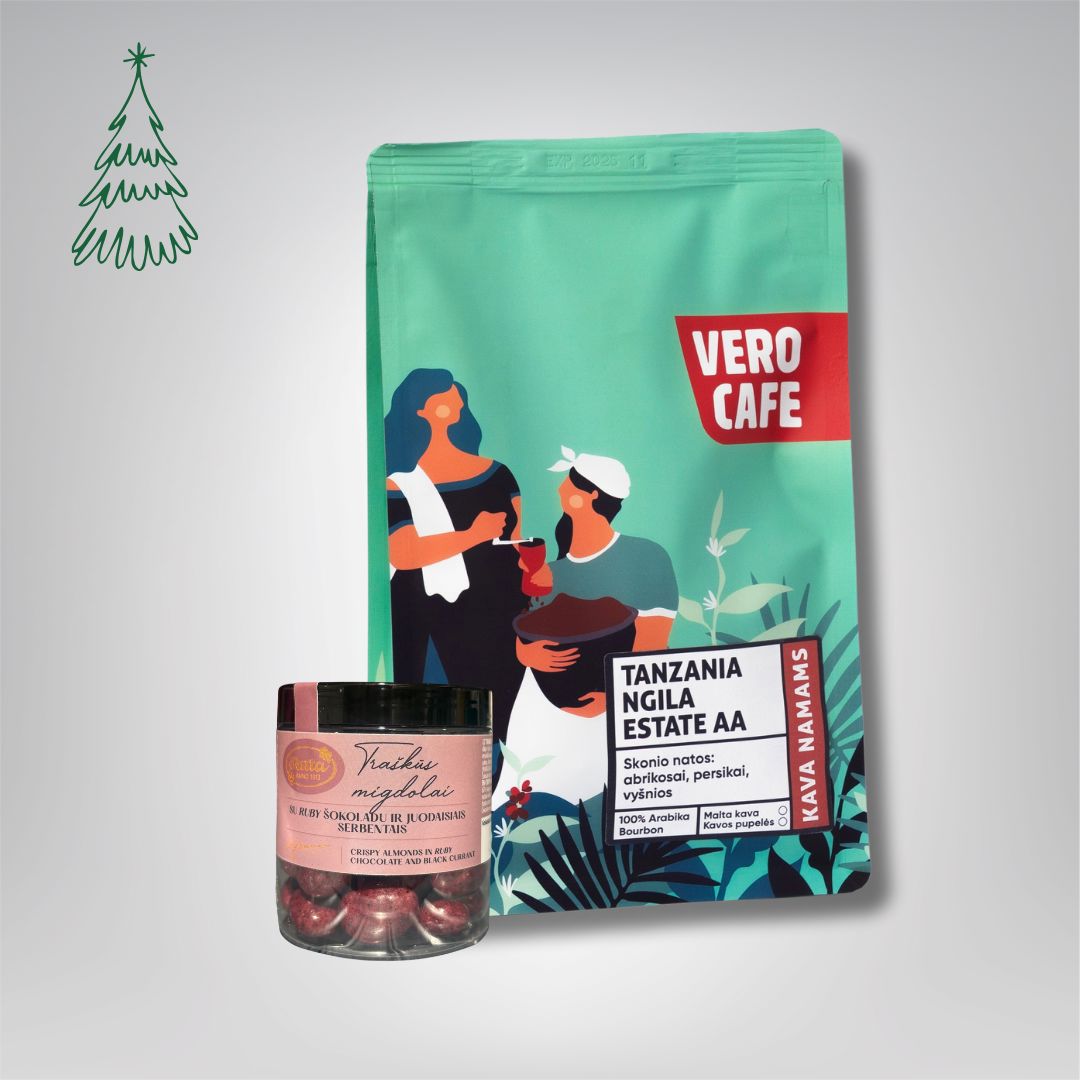 Dovanų rinkinys: RŪTA drąžė 120 g ir kava 200 g VERO CAFE Traškūs migdolai su Ruby šokoladu ir juodaisiais serbentais 120g Tanzania Ngila AA 200 g Malta