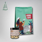 Dovanų rinkinys: RŪTA drąžė 120 g ir kava 200 g VERO CAFE Traškūs migdolai su baltuoju šokoladu ir kava 120 g Sweet Brasil 200 g Malta