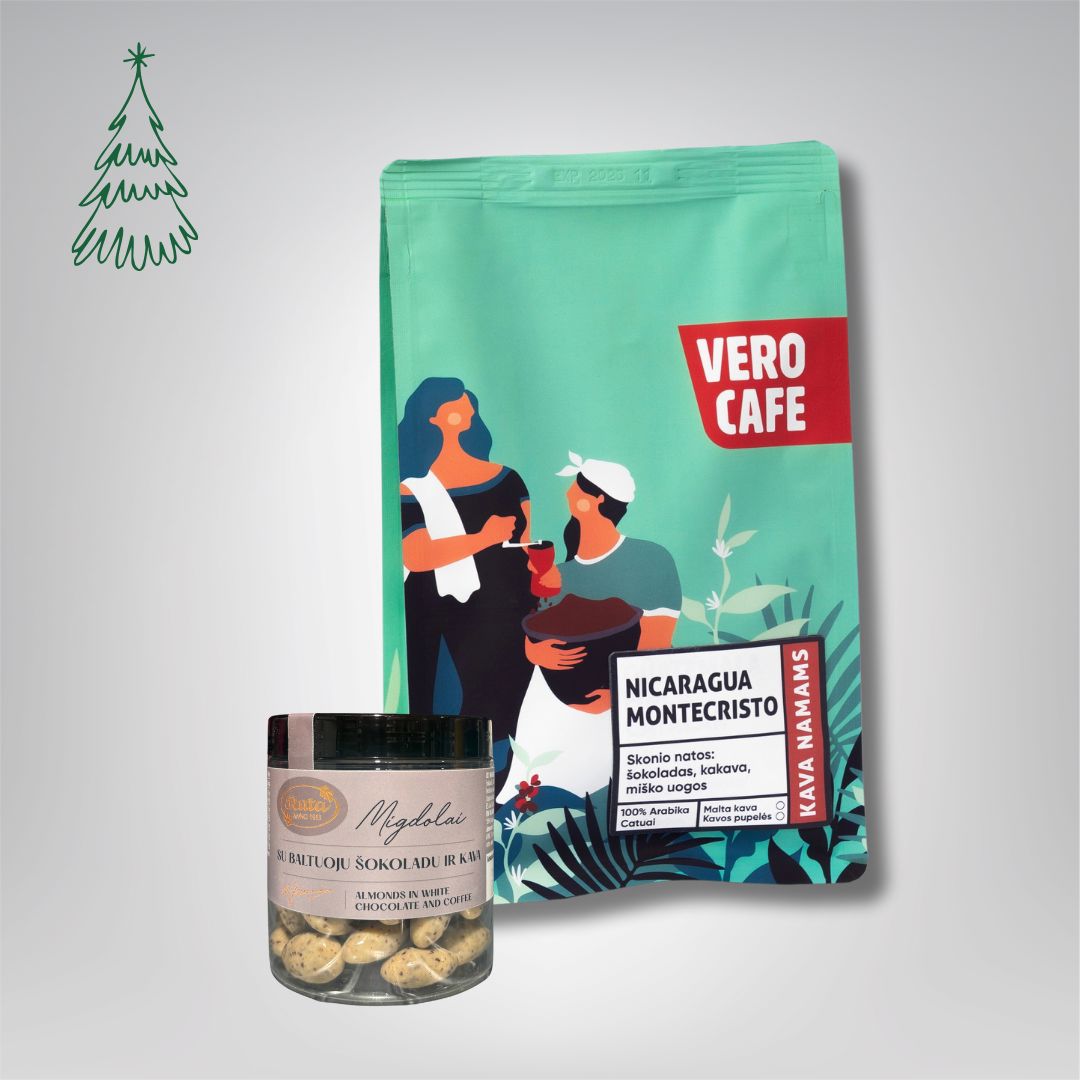 Dovanų rinkinys: RŪTA drąžė 120 g ir kava 200 g VERO CAFE Traškūs migdolai su baltuoju šokoladu ir kava 120 g Nicaragua Montecristo 200 g Malta