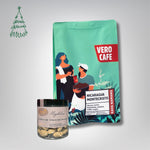 Dovanų rinkinys: RŪTA drąžė 120 g ir kava 200 g VERO CAFE Traškūs migdolai su baltuoju šokoladu ir kava 120 g Nicaragua Montecristo 200 g Malta