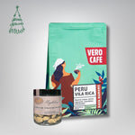 Dovanų rinkinys: RŪTA drąžė 120 g ir kava 200 g VERO CAFE Traškūs migdolai su baltuoju šokoladu ir kava 120 g Peru Vila Rica 200 g Malta