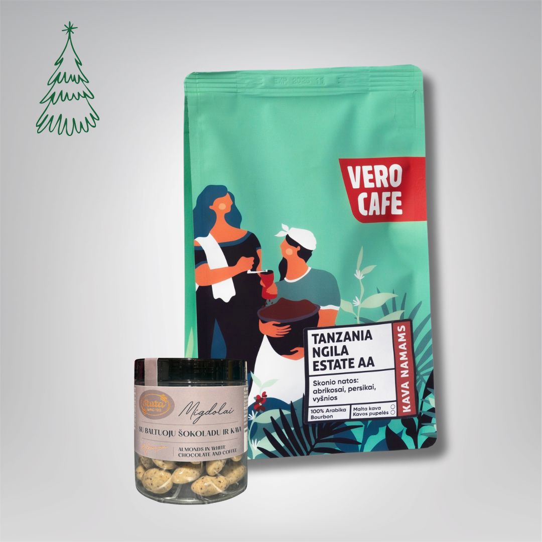 Dovanų rinkinys: RŪTA drąžė 120 g ir kava 200 g VERO CAFE Traškūs migdolai su baltuoju šokoladu ir kava 120 g Tanzania Ngila AA 200 g Malta