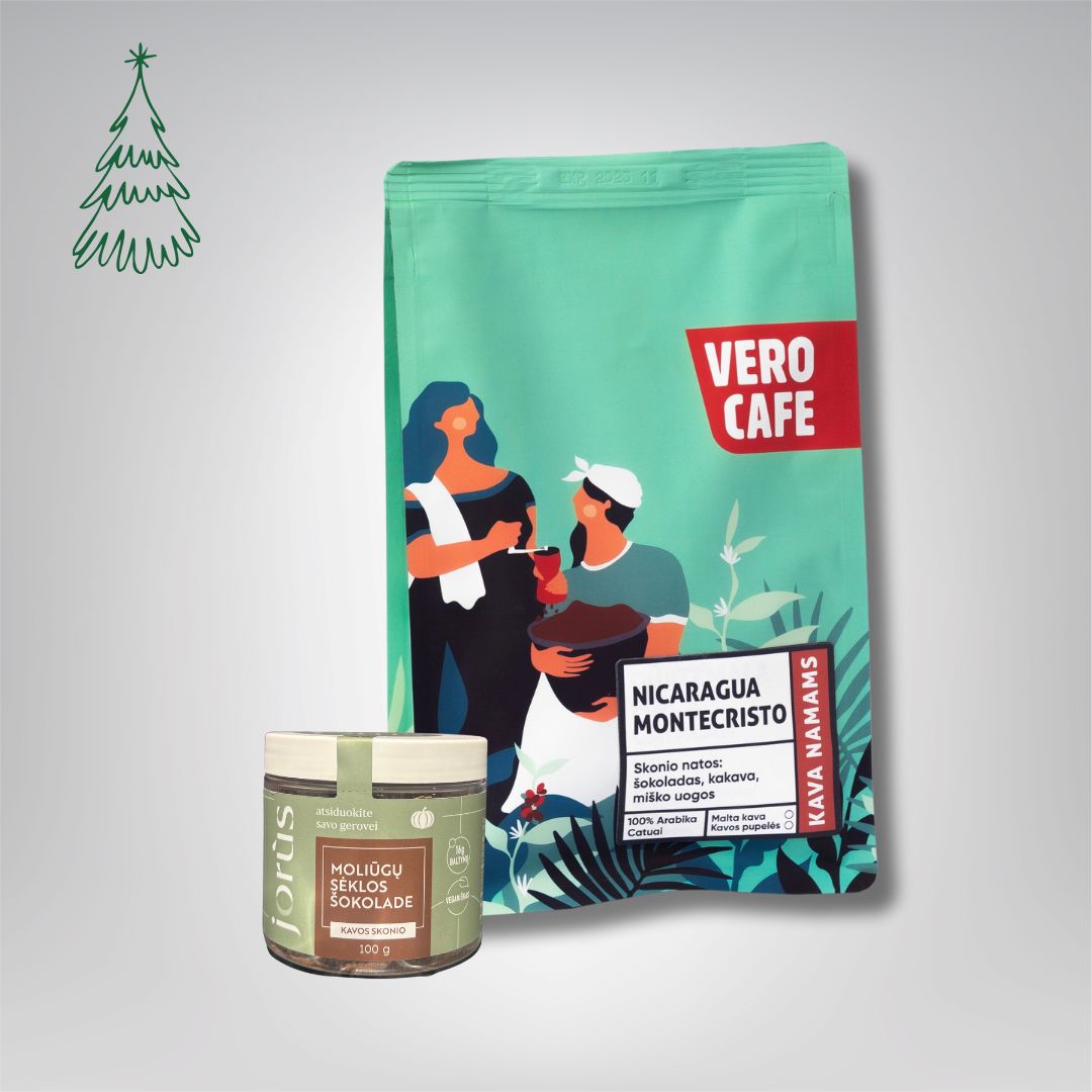 Dovanų rinkinys: Jorùs moliūgų sėklos šokolade 100 g ir kava 200 g VERO CAFE Nicaragua Montecristo 200 g Moliūgų sėklos šokolade kavos skonio 100 g 