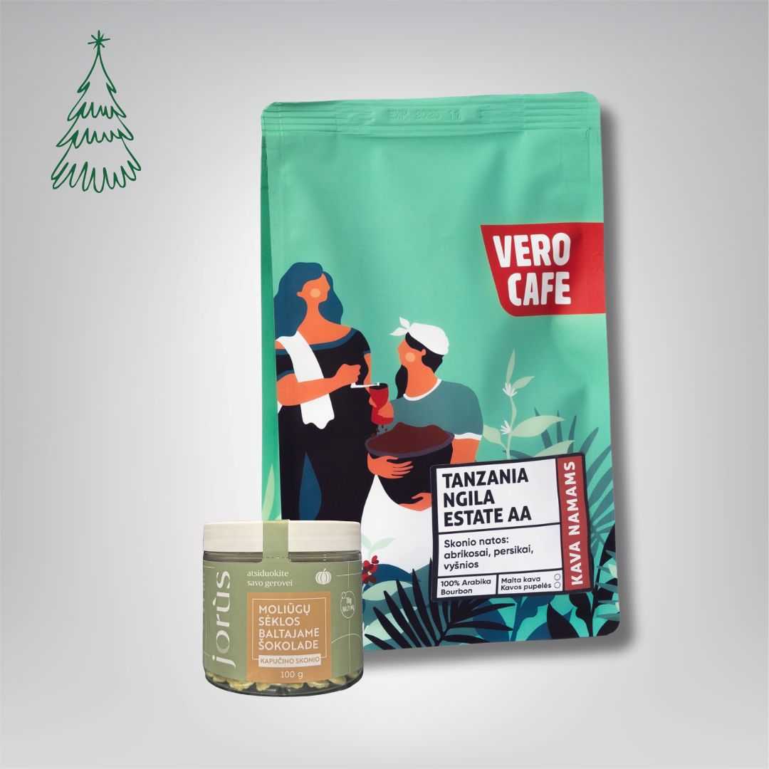 Dovanų rinkinys: Jorùs moliūgų sėklos šokolade 100 g ir kava 200 g VERO CAFE Tanzania Ngila AA 200 g Moliūgų sėklos baltajame šokolade kapučino skonio 100 g 