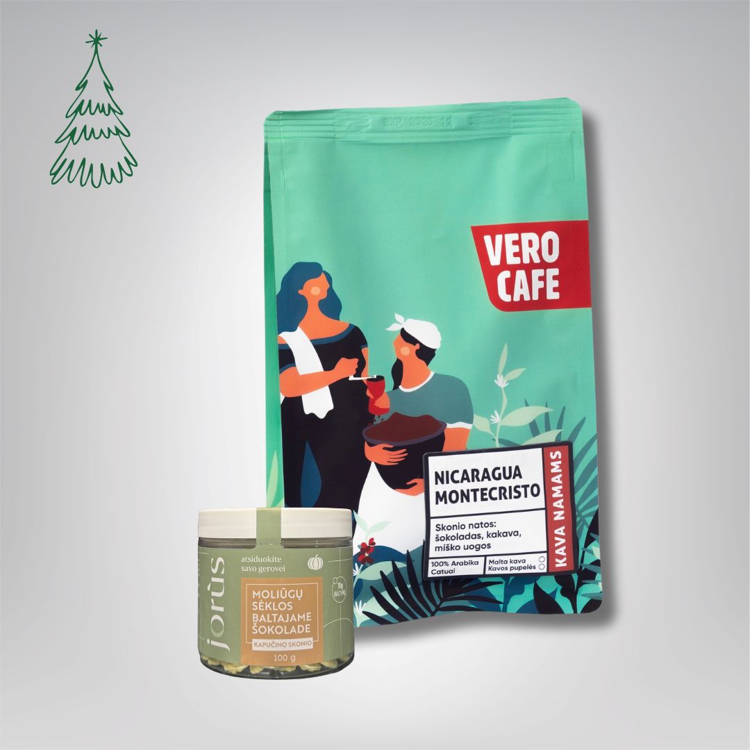 Dovanų rinkinys: Jorùs moliūgų sėklos šokolade 100 g ir kava 200 g VERO CAFE Nicaragua Montecristo 200 g Moliūgų sėklos baltajame šokolade kapučino skonio 100 g 