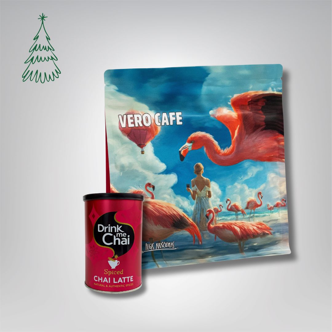 Dovanų rinkinys: Drink Me Chai 250 g ir kava 200 g VERO CAFE Prieskonių skonio 250 g Flamingas 200 g 