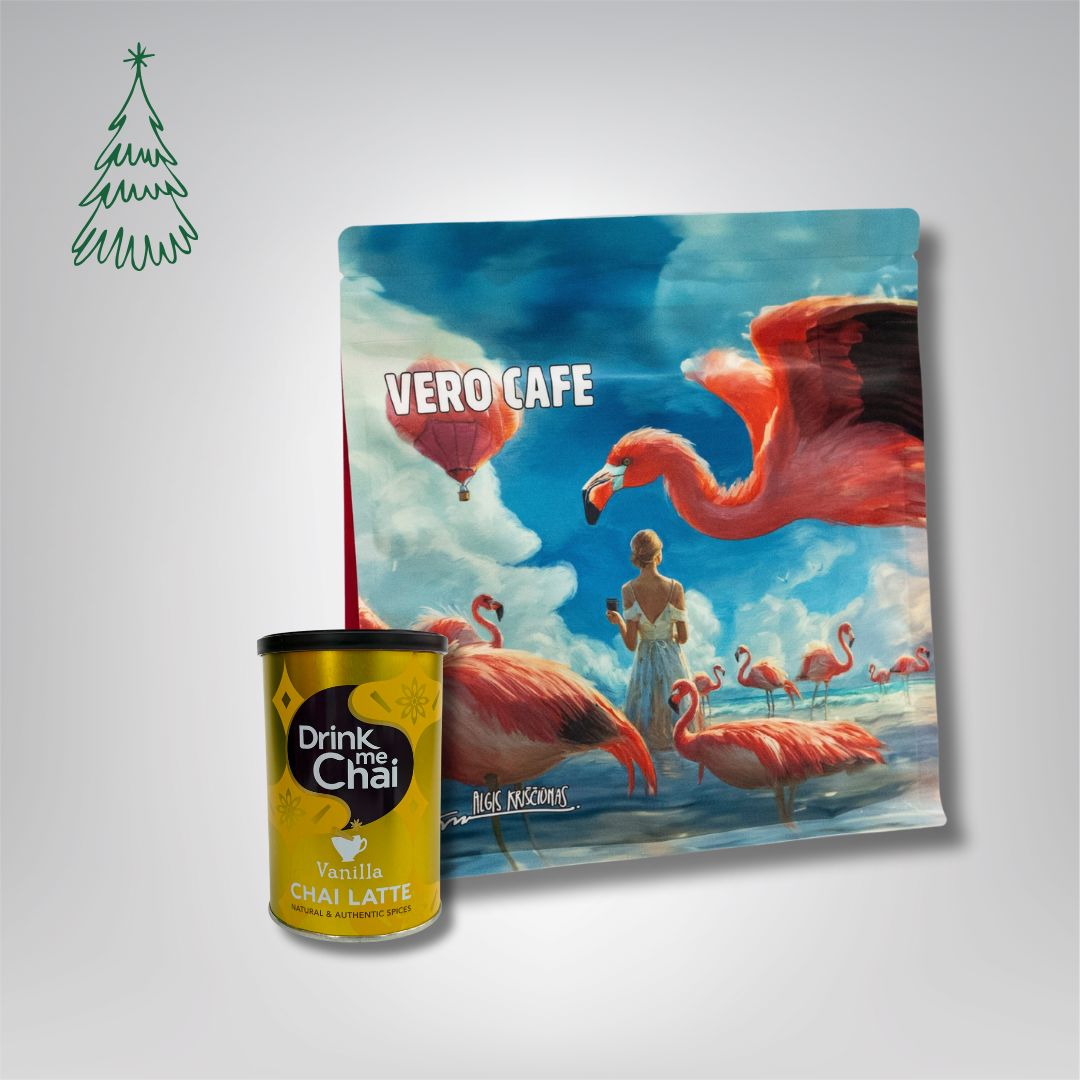 Dovanų rinkinys: Drink Me Chai 250 g ir kava 200 g VERO CAFE Vanilės skonio 250 g Flamingas 200 g 