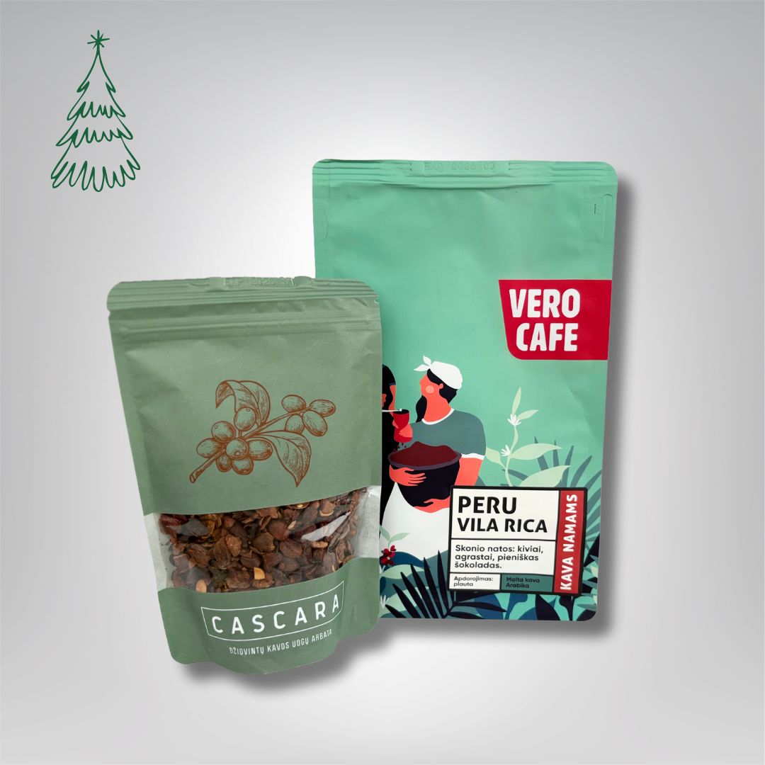 Dovanų rinkinys: Cascara džiovintų kavos uogų arbata 100 g ir kava 200 g VERO CAFE Peru Vila Rica 200 g Malta 