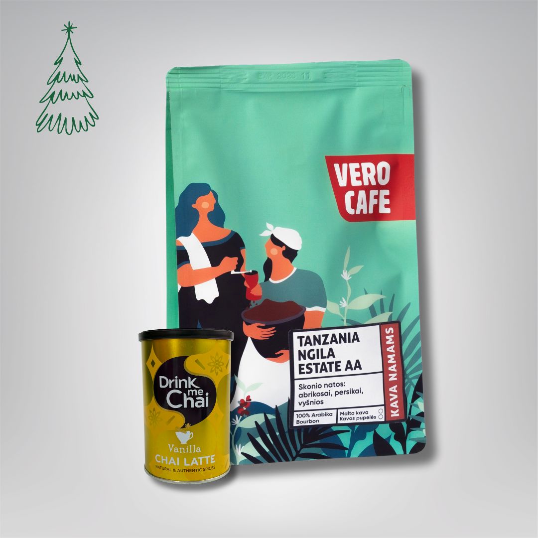 Dovanų rinkinys: Drink Me Chai 250 g ir kava 200 g VERO CAFE Vanilės skonio 250 g Tanzania Ngila AA 200 g 
