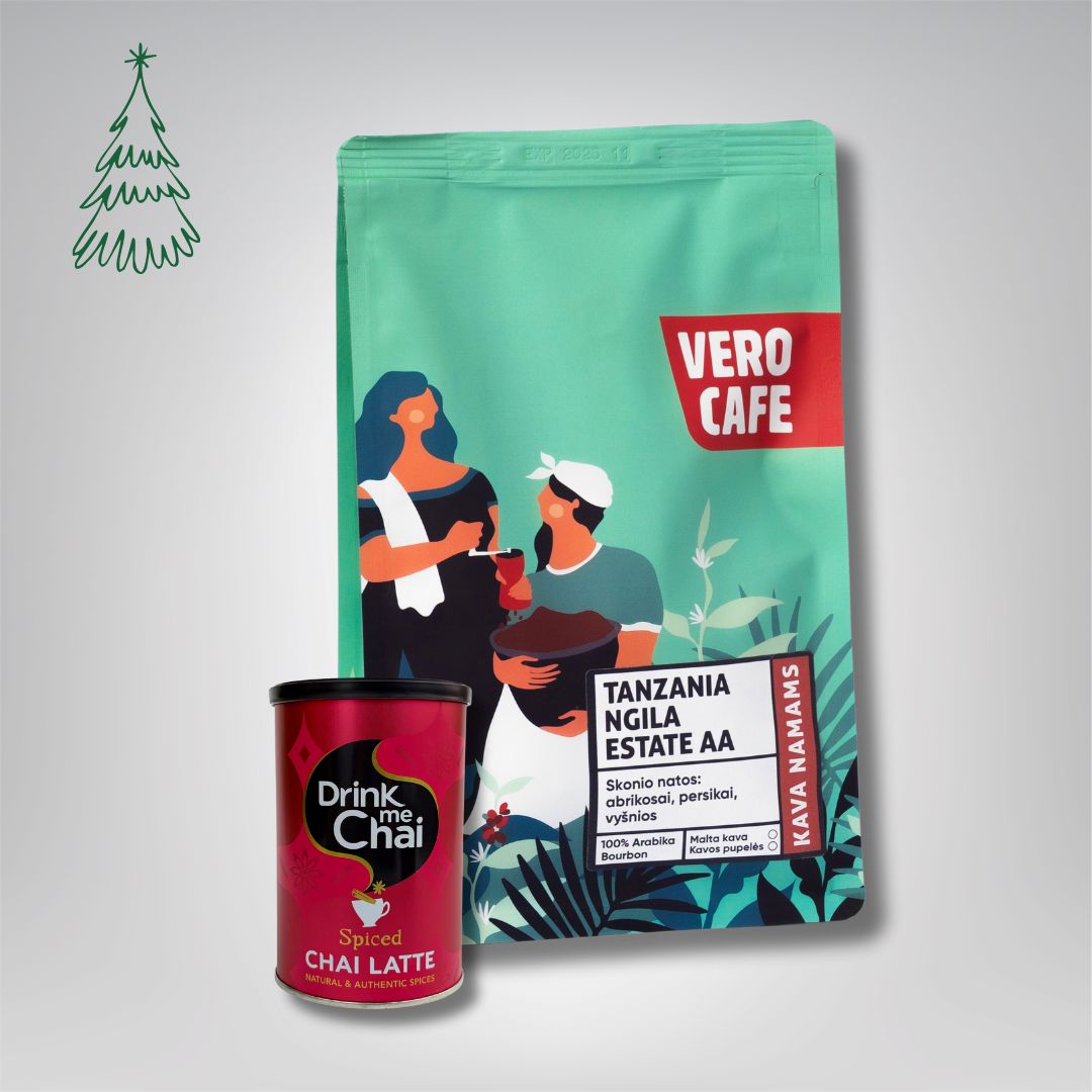 Dovanų rinkinys: Drink Me Chai 250 g ir kava 200 g VERO CAFE Prieskonių skonio 250 g Tanzania Ngila AA 200 g 
