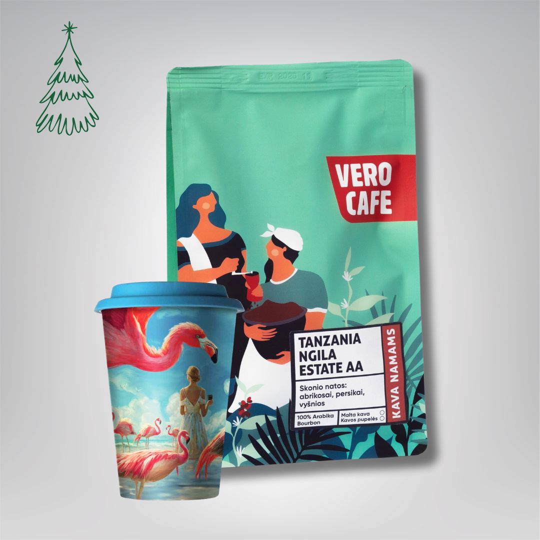 Dovanų rinkinys: Kava 200 g ir daugkartinis puodelis su A. Kriščiūno kūryba 473 ml VERO CAFE Tanzania Ngila AA 200 g Malta 