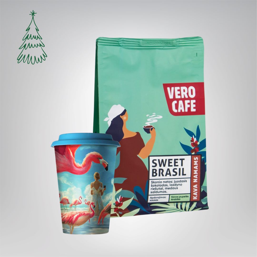 Dovanų rinkinys: Daugkartinis puodelis su A. Kriščiūno kūryba 473 ml ir kava 200 g VERO CAFE Sweet Brasil 200 g 