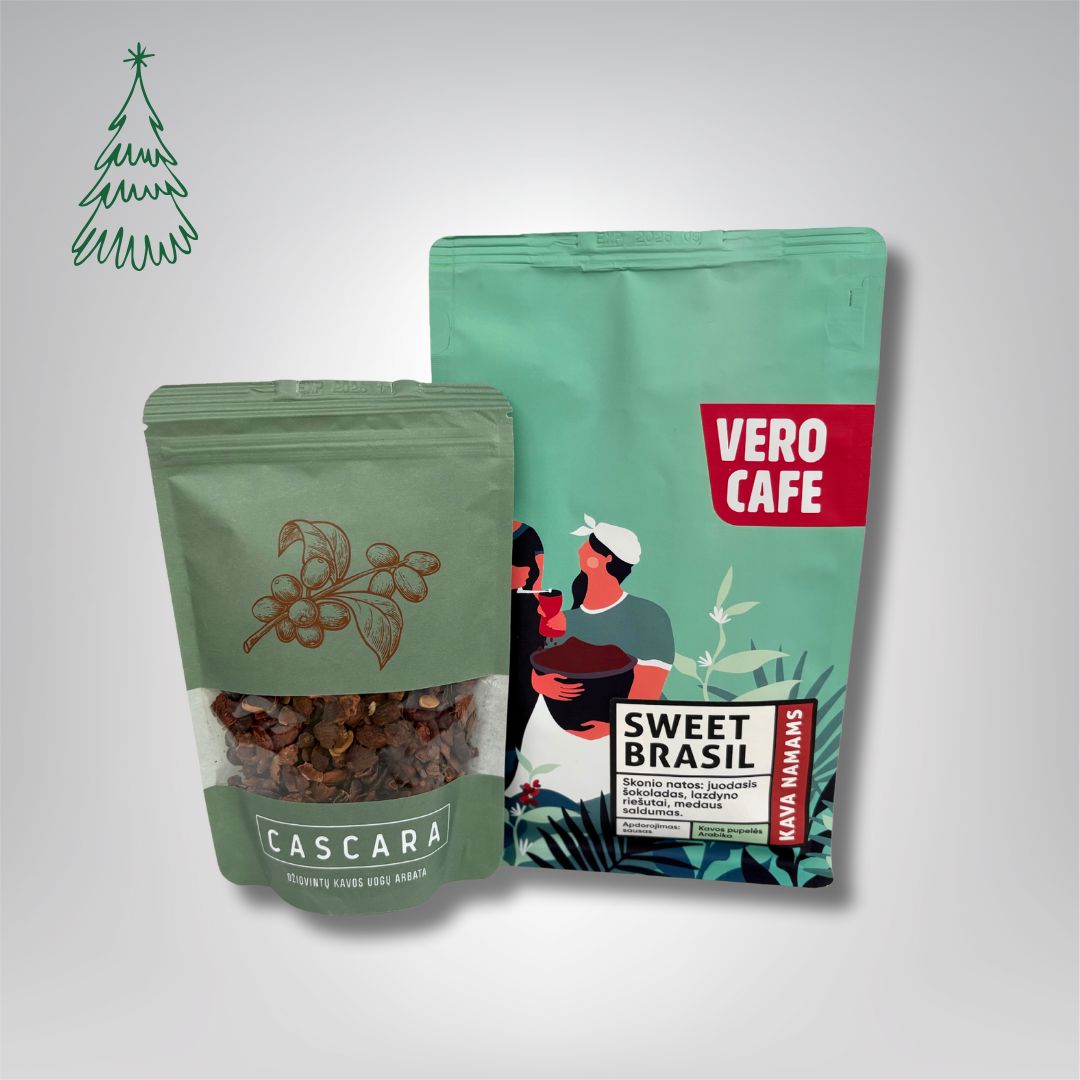 Dovanų rinkinys: Cascara džiovintų kavos uogų arbata 100 g ir kava 200 g VERO CAFE Sweet Brasil 200 g Malta 