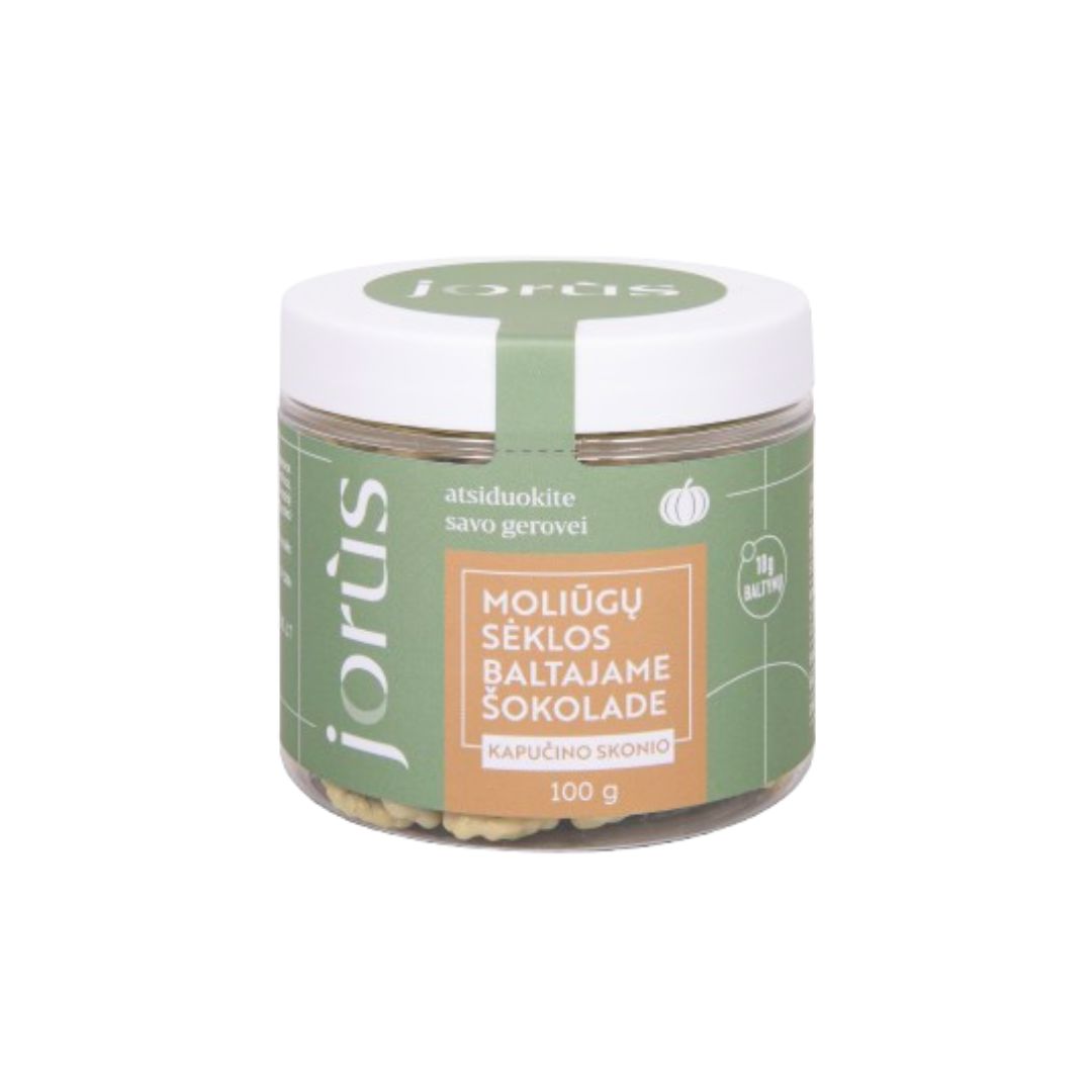Moliūgų sėklos baltajame šokolade, kapučino skonio 100 g DOVANŲ IDĖJOS Jorùs 