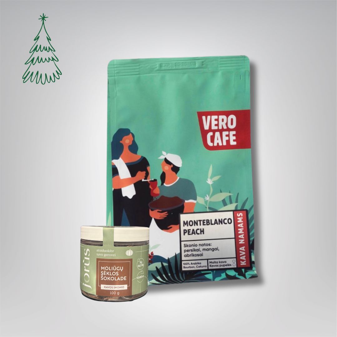 Dovanų rinkinys: Jorùs moliūgų sėklos šokolade 100 g ir kava 200 g VERO CAFE Nicaragua Monteblanco Peach 200 g Moliūgų sėklos šokolade kavos skonio 100 g 