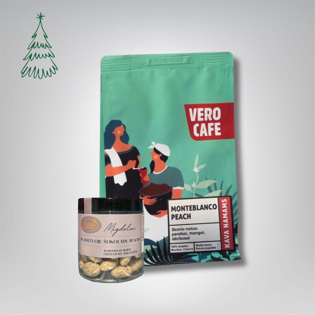 Dovanų rinkinys: RŪTA drąžė 120 g ir kava 200 g VERO CAFE Traškūs migdolai su baltuoju šokoladu ir kava 120 g Columbia Monteblanco Peach 200 g Malta