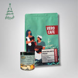 Dovanų rinkinys: RŪTA drąžė 120 g ir kava 200 g VERO CAFE Traškūs migdolai su baltuoju šokoladu „Žara" 120 g Columbia Monteblanco Peach 200 g Pupelės