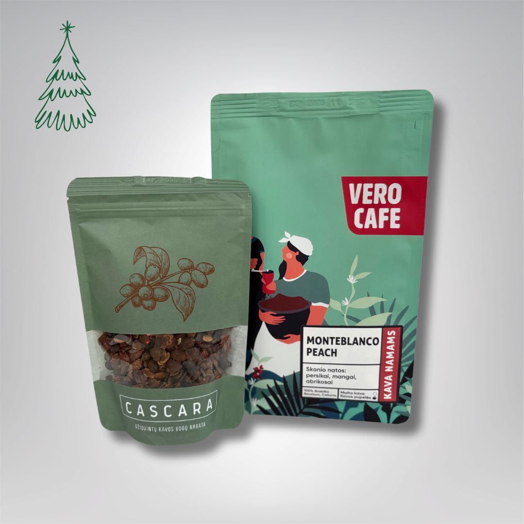 Dovanų rinkinys: Cascara džiovintų kavos uogų arbata 100 g ir kava 200 g VERO CAFE Columbia Monteblanco Peach 200 g Malta 