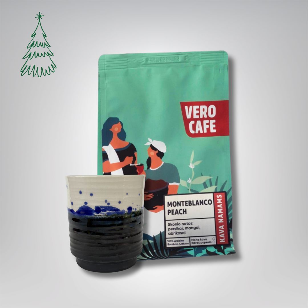 Dovanų rinkinys: R. Dagio keramikinis puodelis ir kava 200 g VERO CAFE Mėlynas ~400 ml Columbia Monteblanco Peach 200 g 