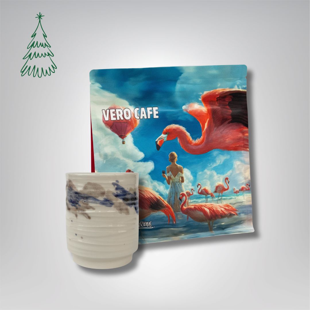 Dovanų rinkinys: R. Dagio keramikinis puodelis ir kava 200 g VERO CAFE Baltas ~400 ml Flamingas 200 g 