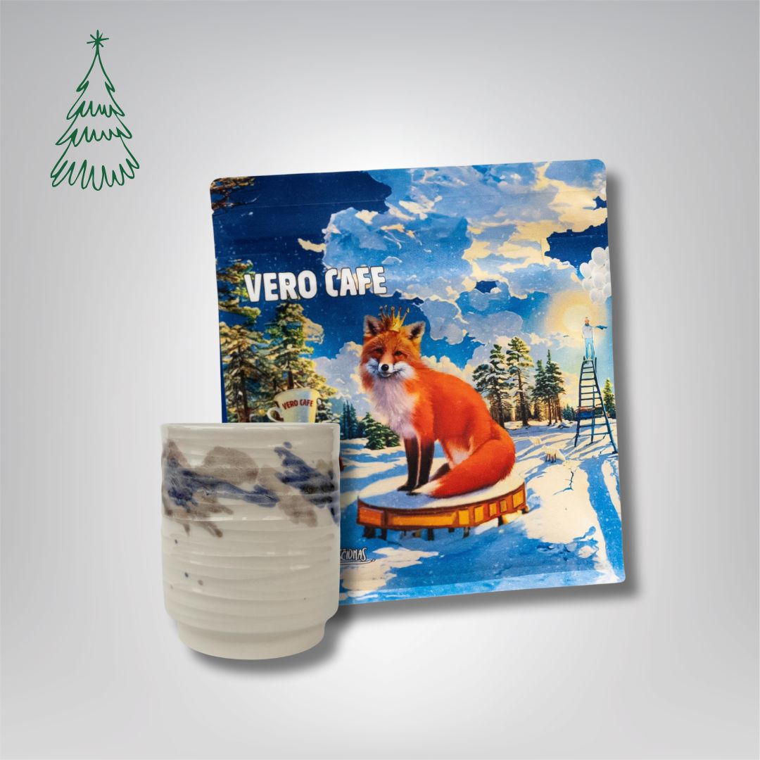 Dovanų rinkinys: R. Dagio keramikinis puodelis ir kava 200 g VERO CAFE Baltas ~400 ml Lapė 200 g 