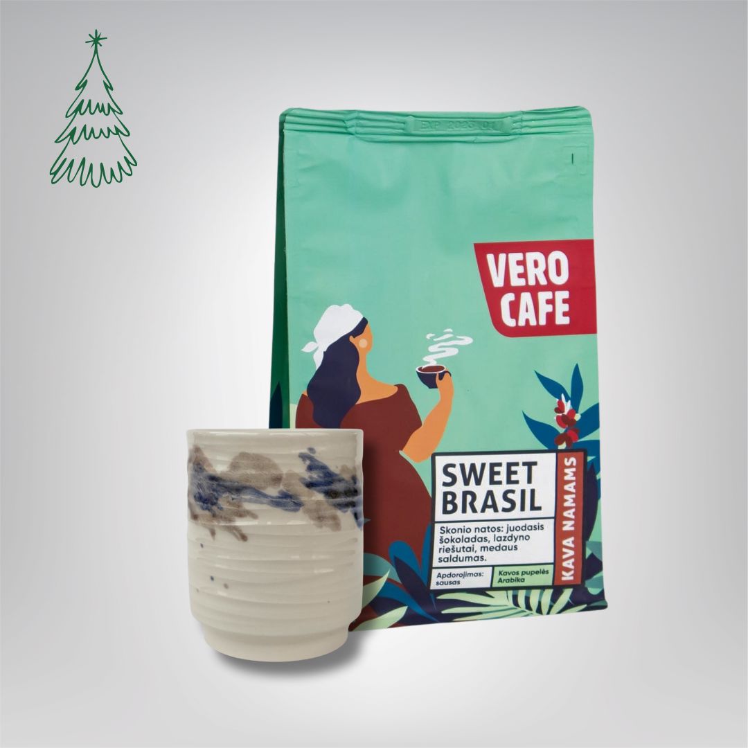 Dovanų rinkinys: R. Dagio keramikinis puodelis ir kava 200 g VERO CAFE Baltas ~400 ml Sweet Brasil 200 g 