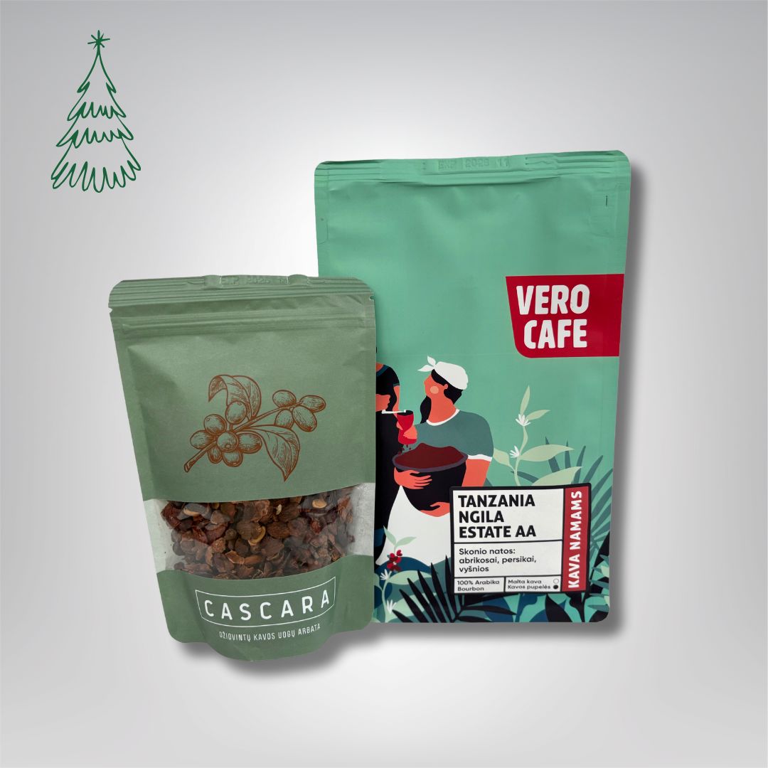 Dovanų rinkinys: Cascara džiovintų kavos uogų arbata 100 g ir kava 200 g VERO CAFE Tanzania Ngila AA 200 g Malta 