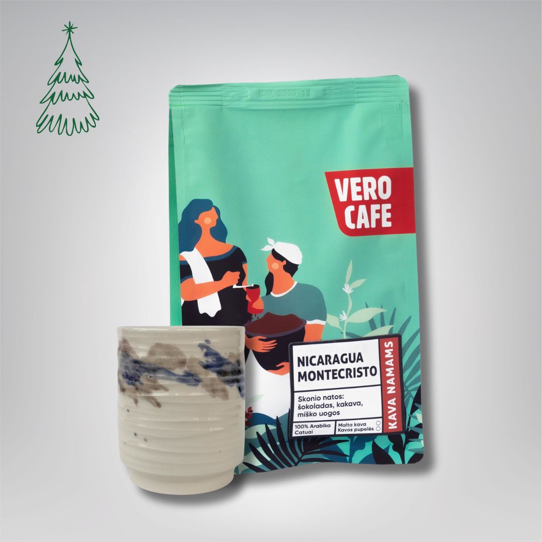 Dovanų rinkinys: R. Dagio keramikinis puodelis ir kava 200 g VERO CAFE Baltas ~400 ml Nicaragua Montecristo 200 g 
