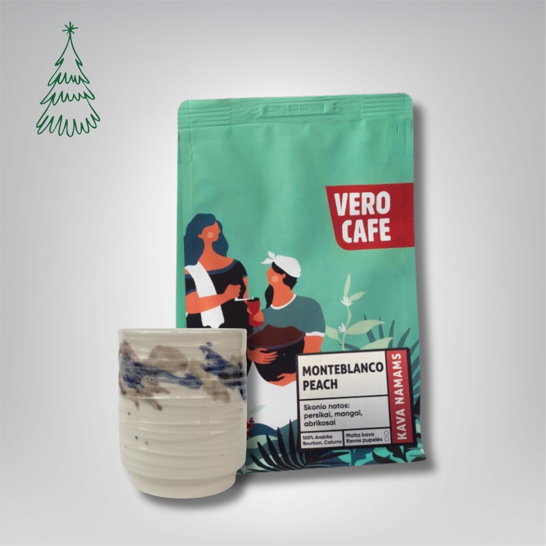 Dovanų rinkinys: R. Dagio keramikinis puodelis ir kava 200 g VERO CAFE Baltas ~400 ml Columbia Monteblanco Peach 200 g 
