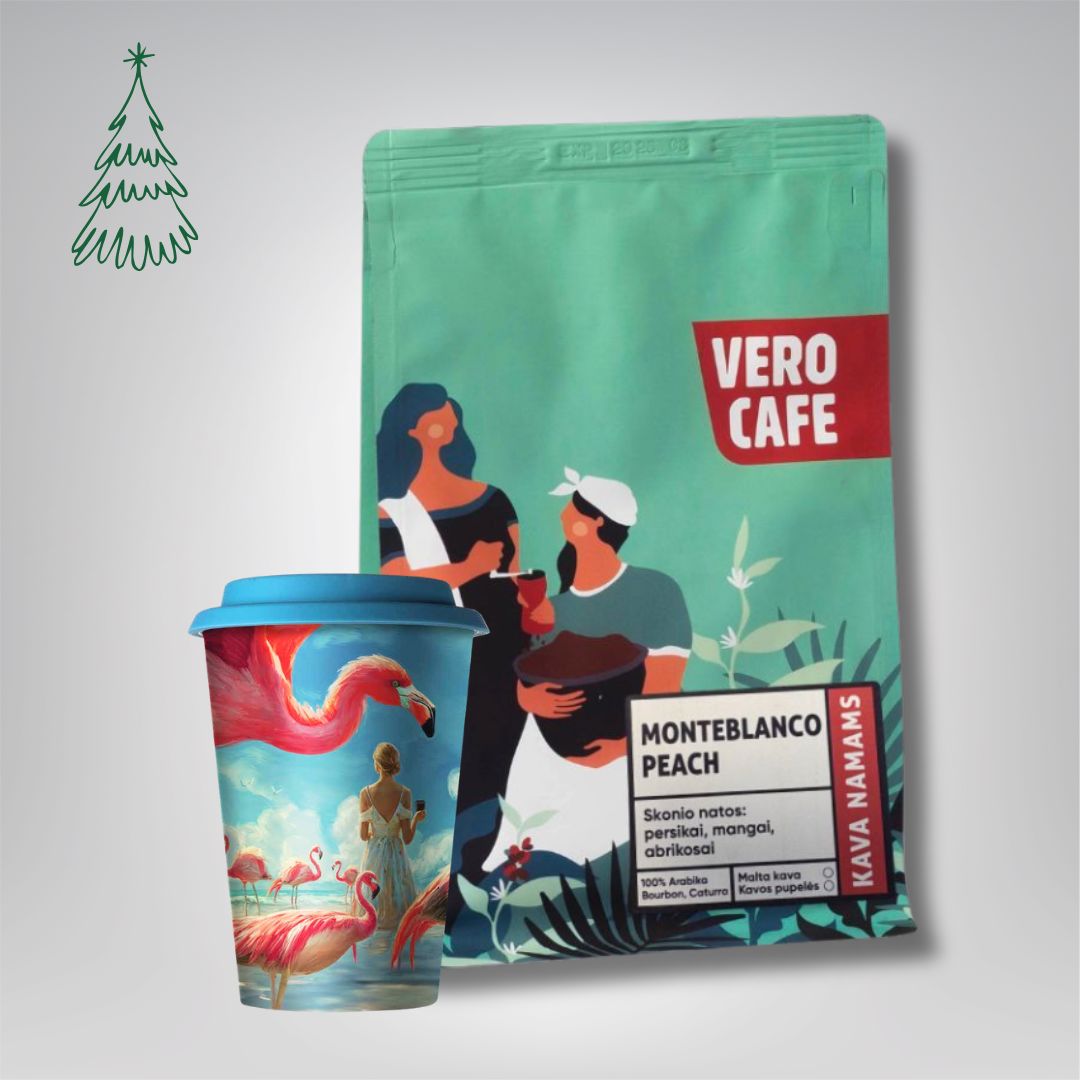 Dovanų rinkinys: Kava 200 g ir daugkartinis puodelis su A. Kriščiūno kūryba 473 ml VERO CAFE Columbia Monteblanco Peach 200 g Malta 